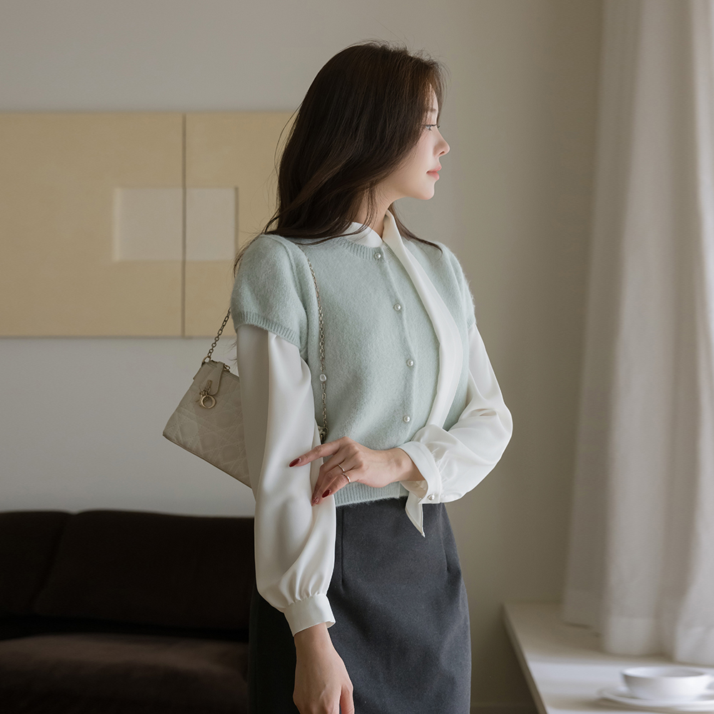 パステル ラウンドネック 真珠 半そで ニット カーディガン