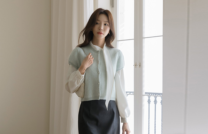 パステル ラウンドネック 真珠 半そで ニット カーディガン