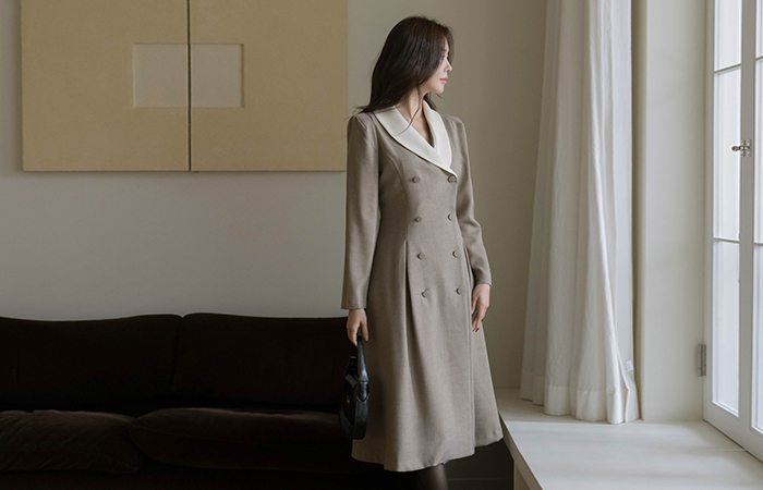 ショールカラー ダブルボタン Aライン ウール ワンピース(+ベルト)