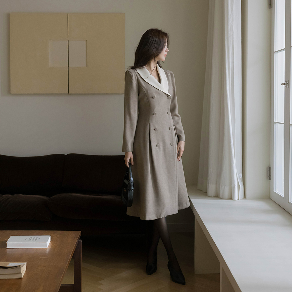 ショールカラー ダブルボタン Aライン ウール ワンピース(+ベルト)