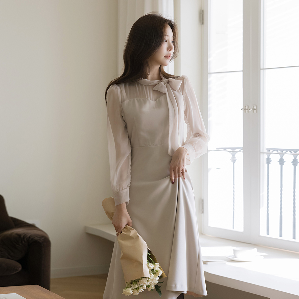 リボン·ネックライン シースルー 配色 Aライン ワンピース