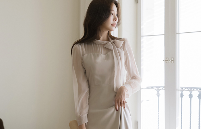 リボン·ネックライン シースルー 配色 Aライン ワンピース