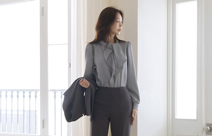 ODE タイネック フリル 長袖 ブラウス