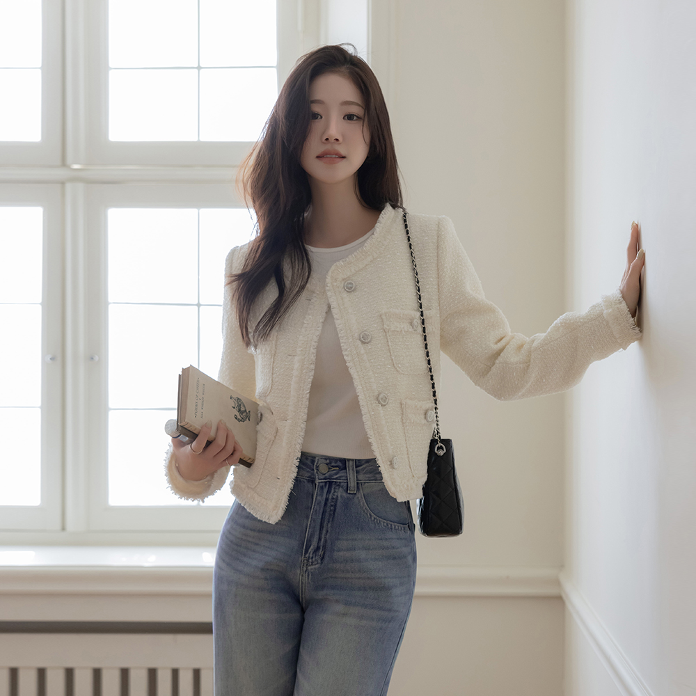 ラウンドネック ダブルポケット タッセル ツイード ジャケット