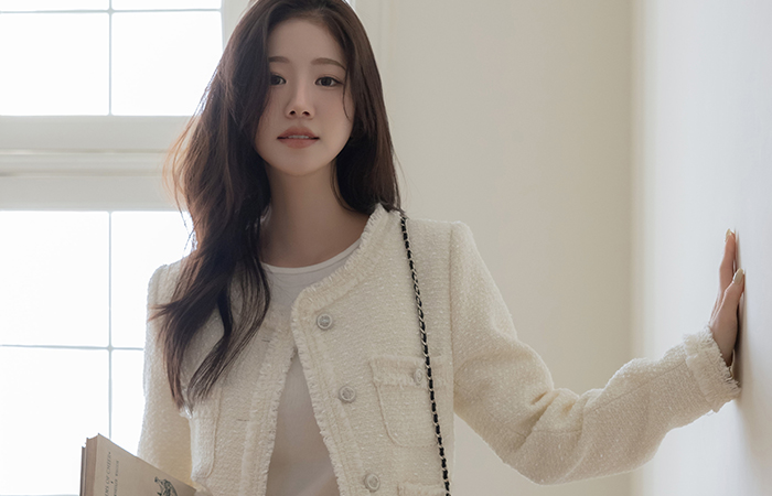 ラウンドネック ダブルポケット タッセル ツイード ジャケット