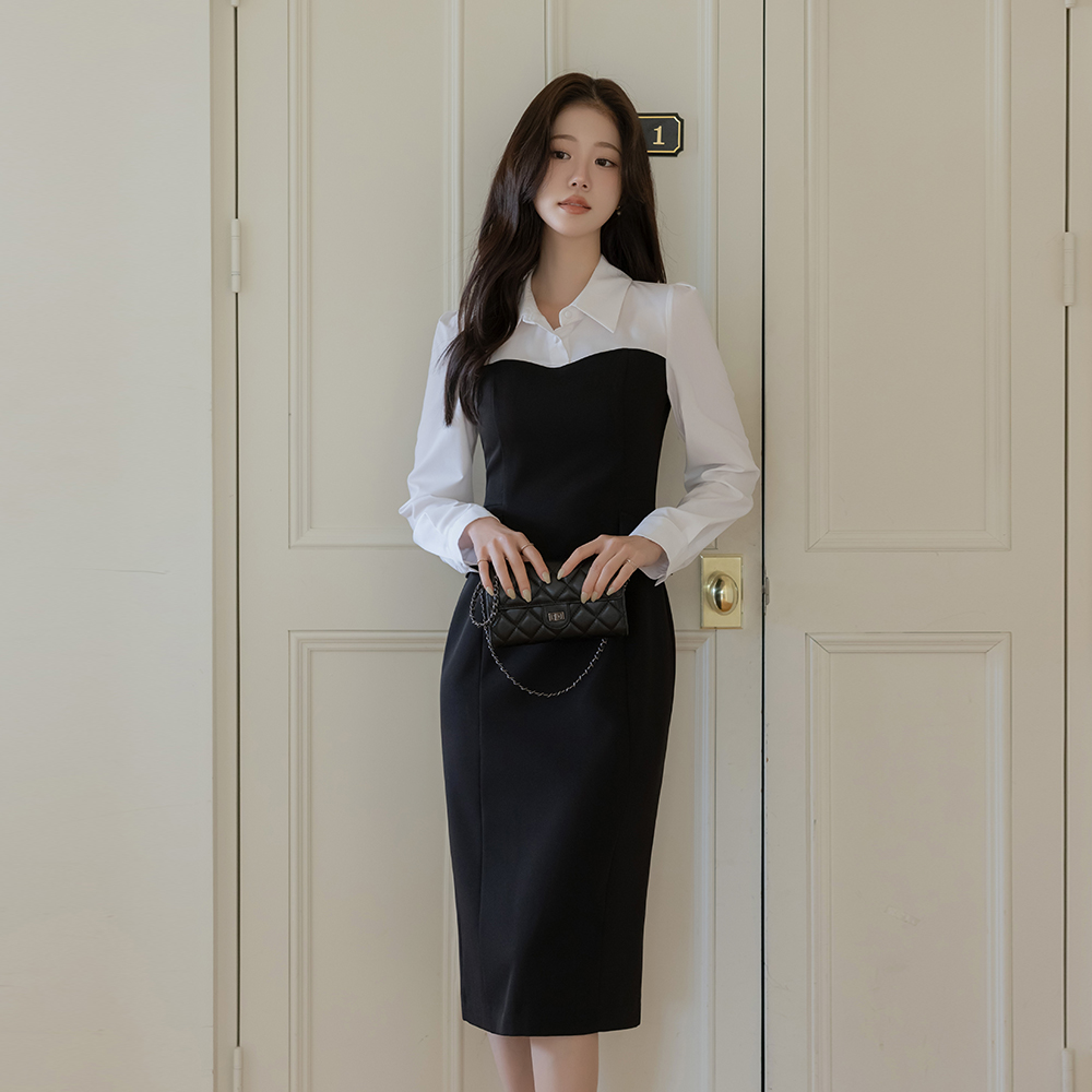 カラーネック レイヤード 配色 Hライン ワンピース