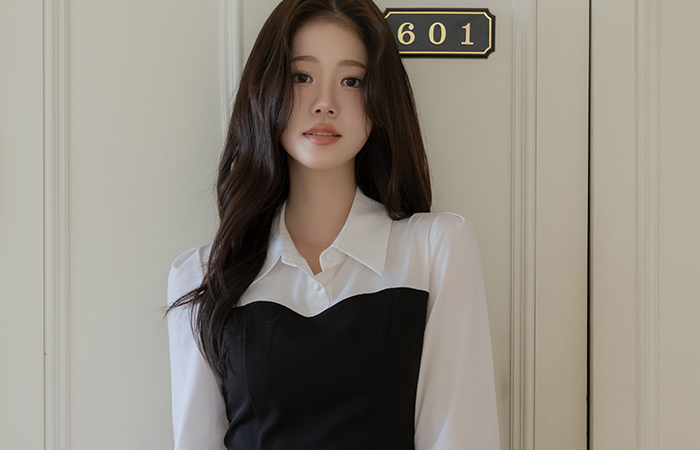 カラーネック レイヤード 配色 Hライン ワンピース