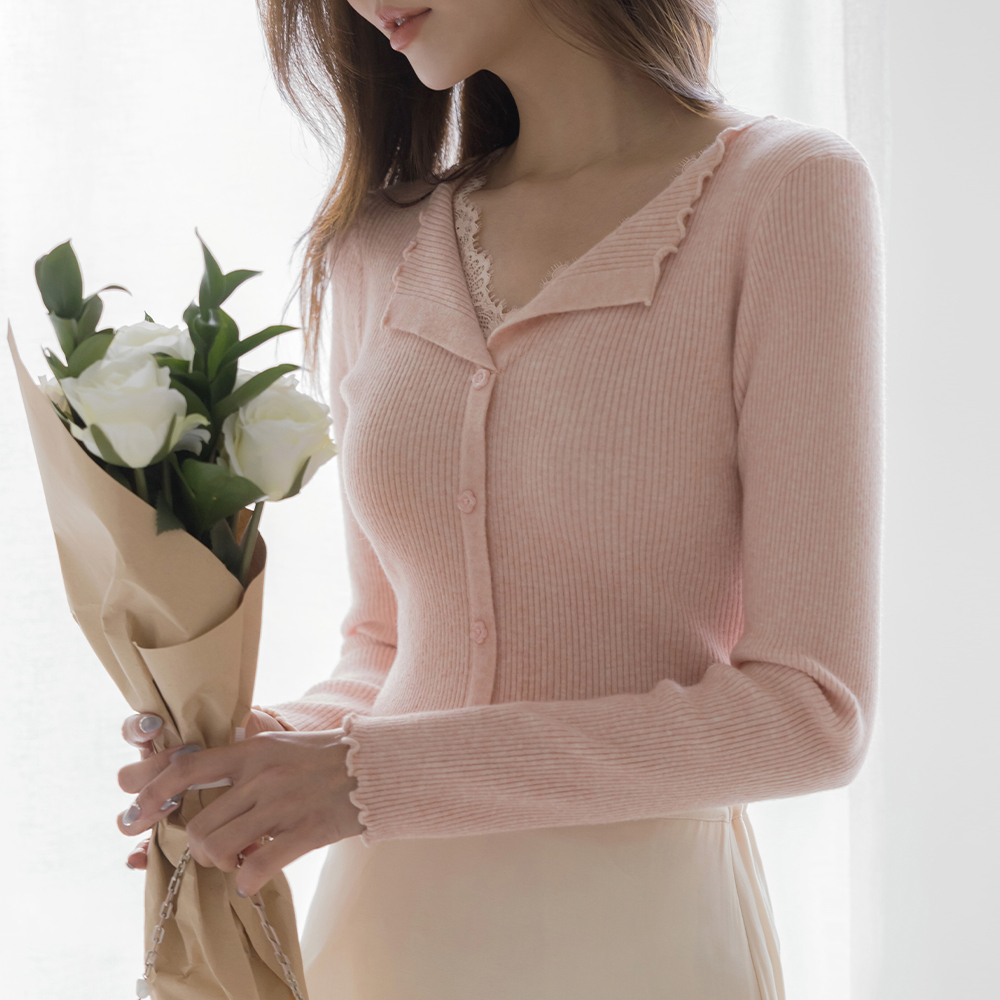 オープンネック レイス コール天 花柄 ボタン ニット