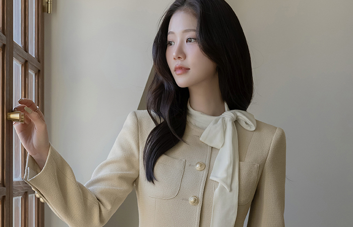 ラウンドネック ツイード パール Set-up ジャケット