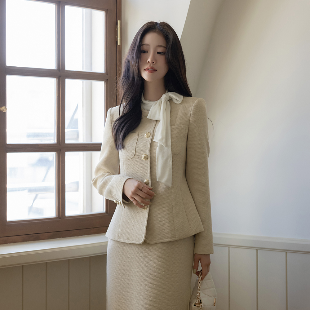 ラウンドネック ツイード パール Set-up ジャケット