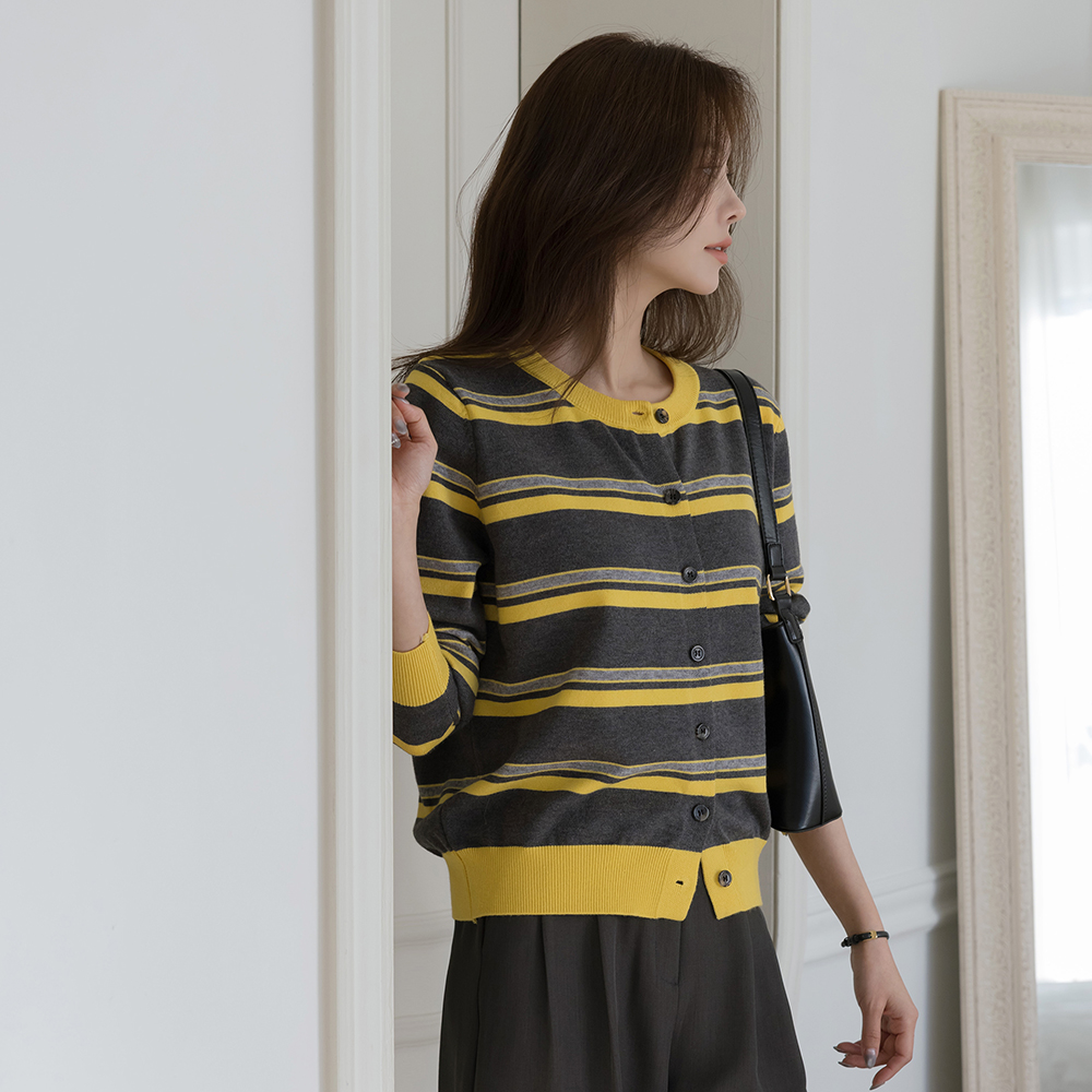 ラウンドネック ストライプ 配色 ニット カーディガン