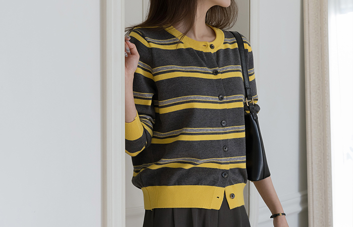ラウンドネック ストライプ 配色 ニット カーディガン