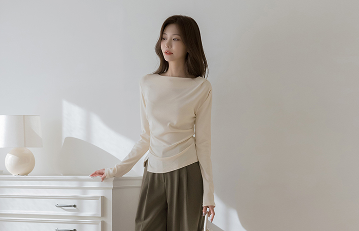 モダール ボートネック シャーリング きれいなフィット ティーシャツ