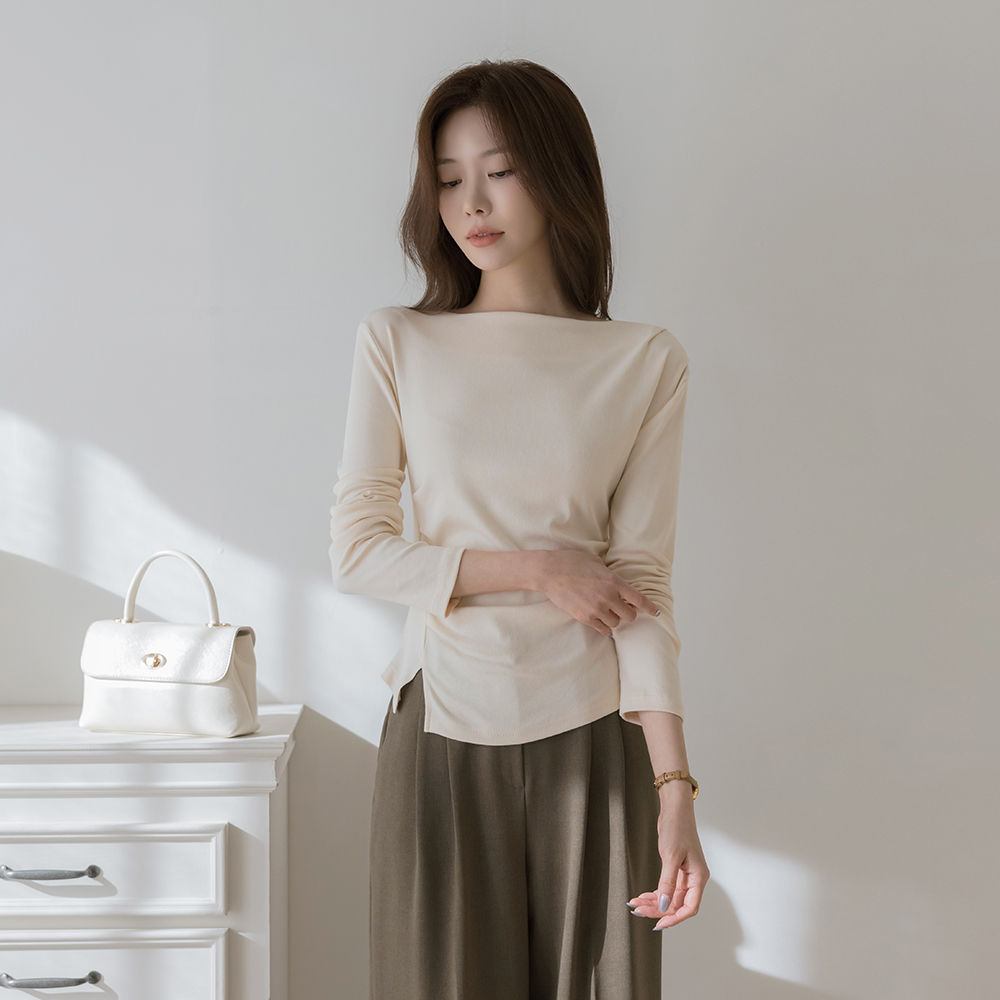 モダール ボートネック シャーリング きれいなフィット ティーシャツ