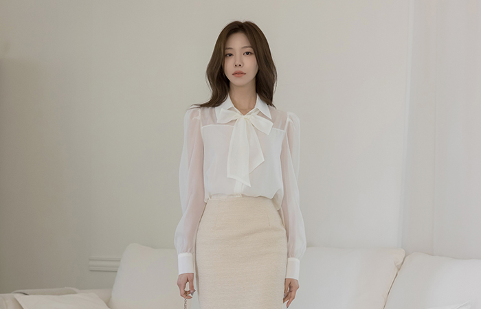 カラーネック パフ シースルー 二重 ブラウス(+スカーフ)