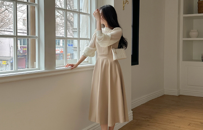 ハーフネック レイヤード Aライン ワンピース