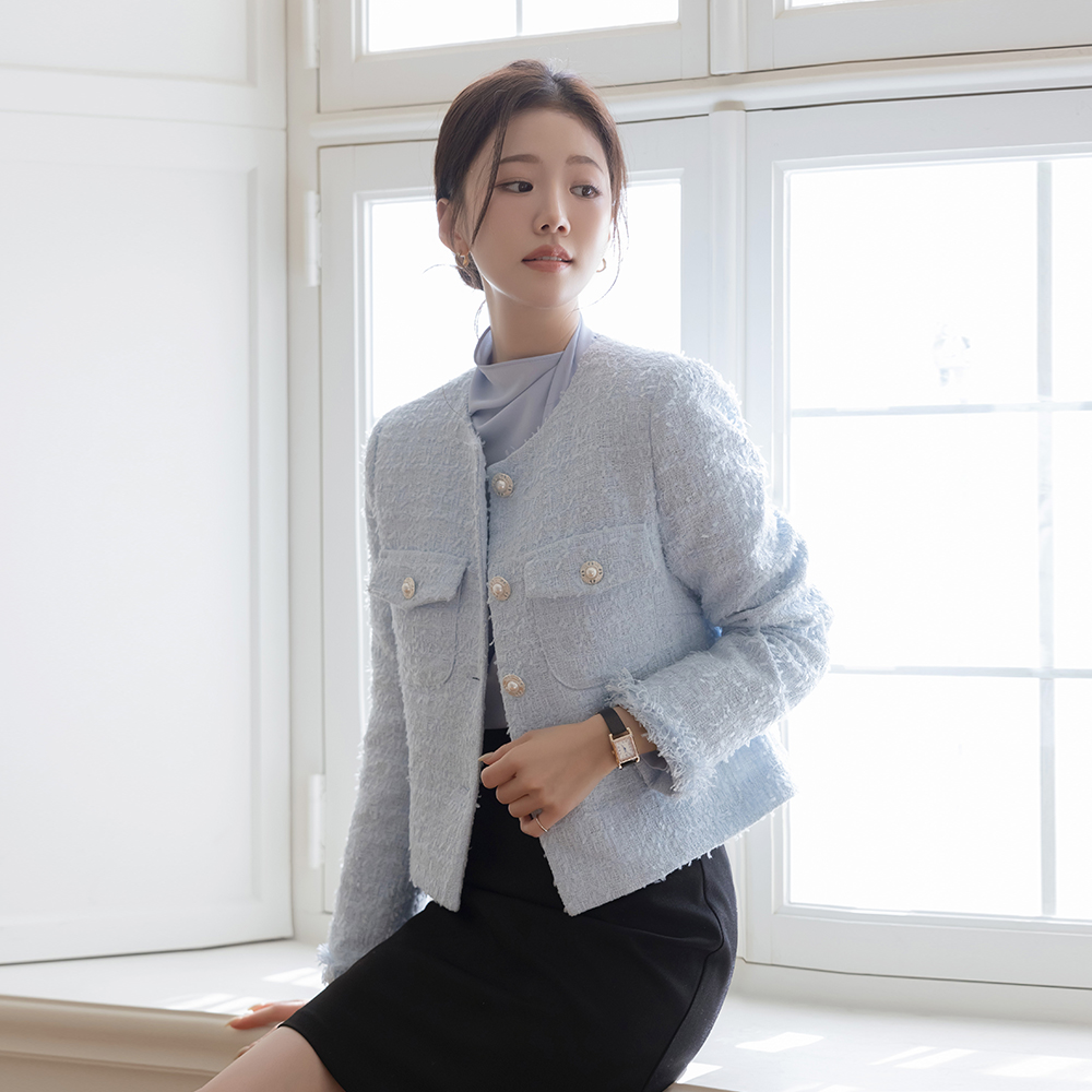 ラウンドネック タッセル カラー ツイード ジャケット