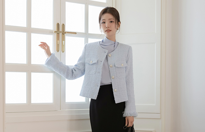 ラウンドネック タッセル カラー ツイード ジャケット