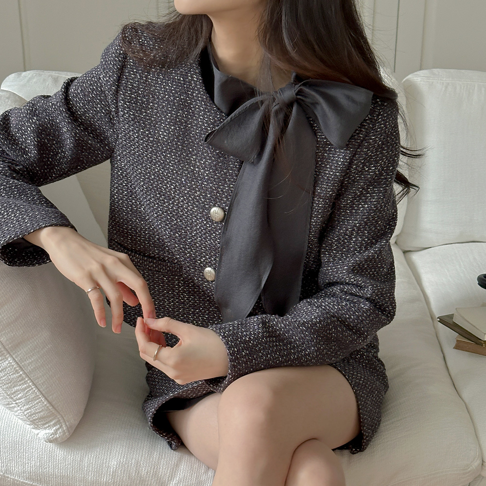 ラウンドネック ツイード ウール Set-up ジャケット