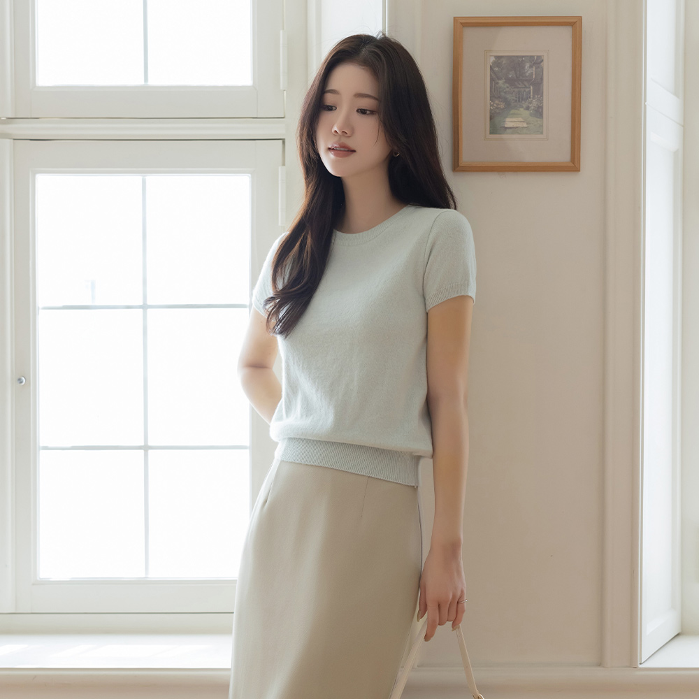 ラウンドネック カシミア&ウール 半そで ニット