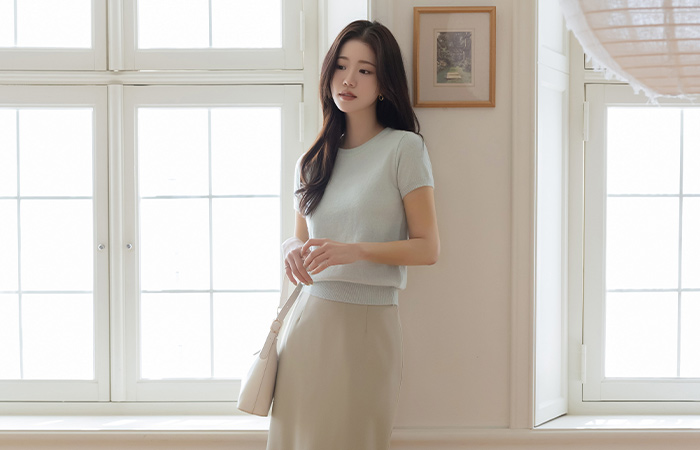 ラウンドネック カシミア&ウール 半そで ニット