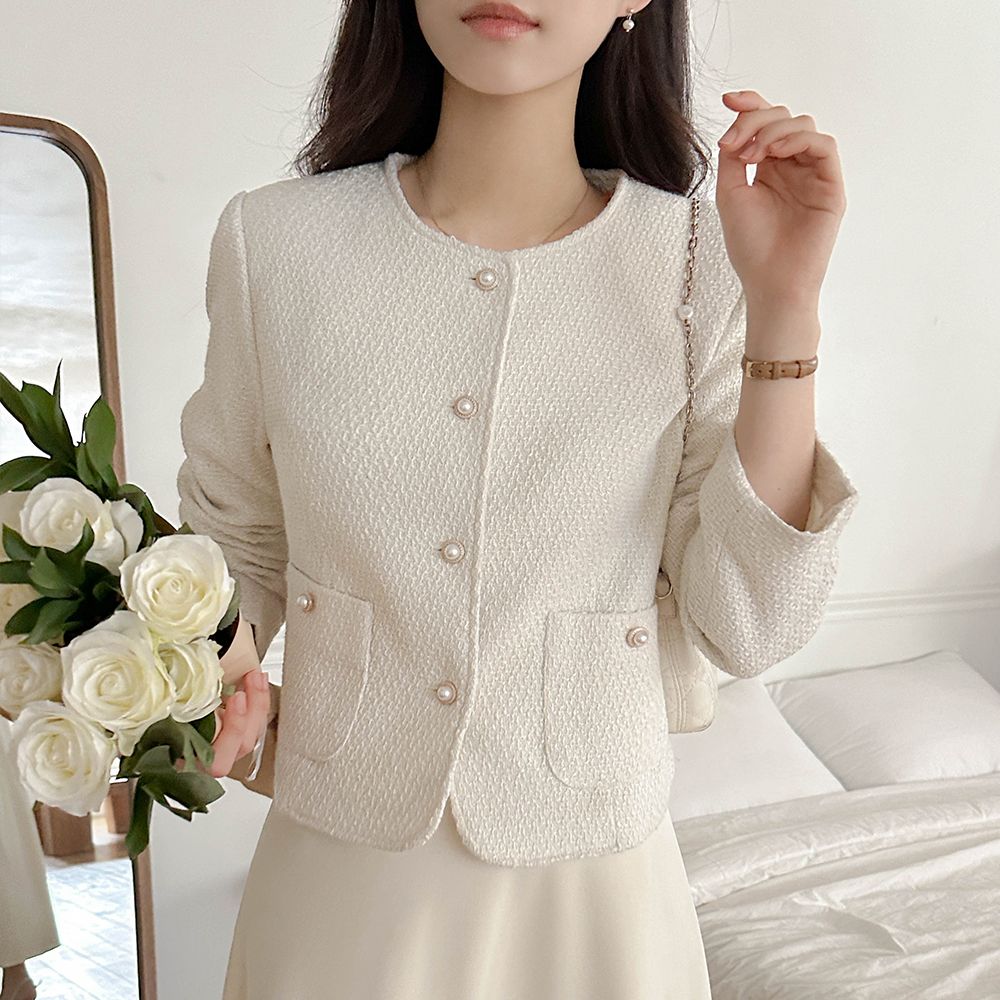 ラウンドネック 真珠 ツイード ジャケット