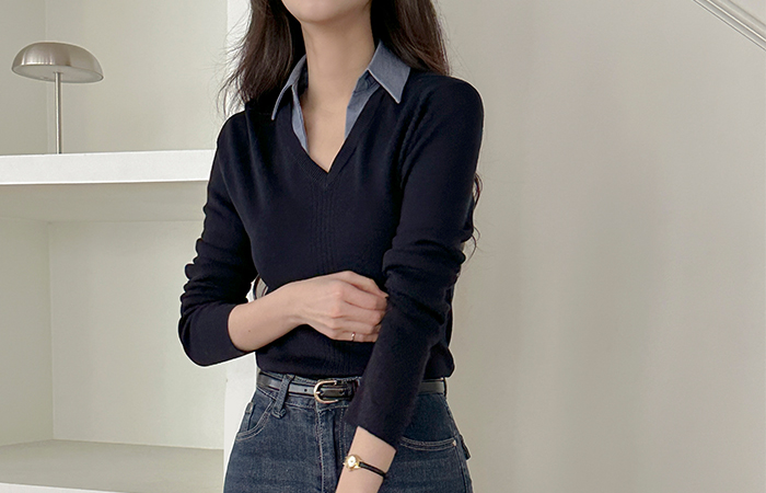 ソフト 레이어링 シャツ ブイネック ニット