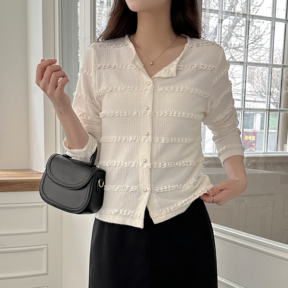 ロマンチック フリル 真珠 カーディガン