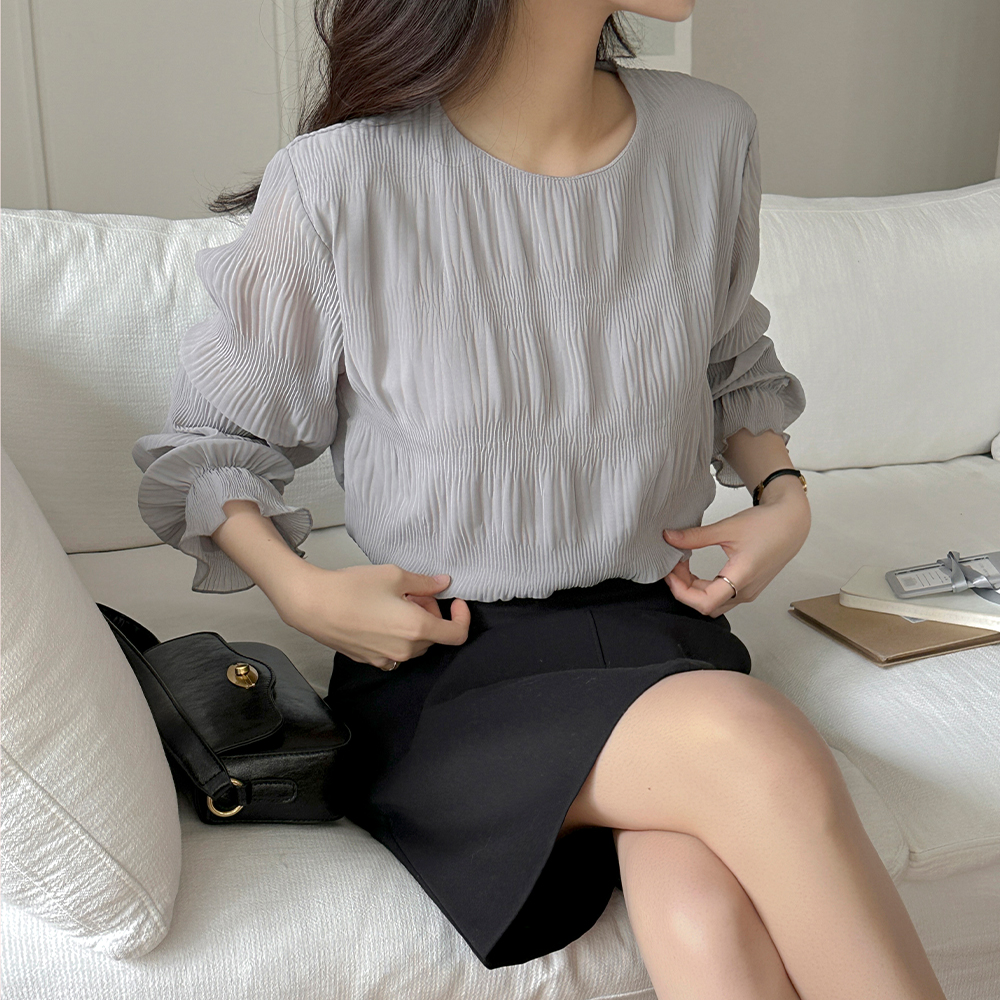 ラウンドネック リンクル 二重 弾力 ブラウス