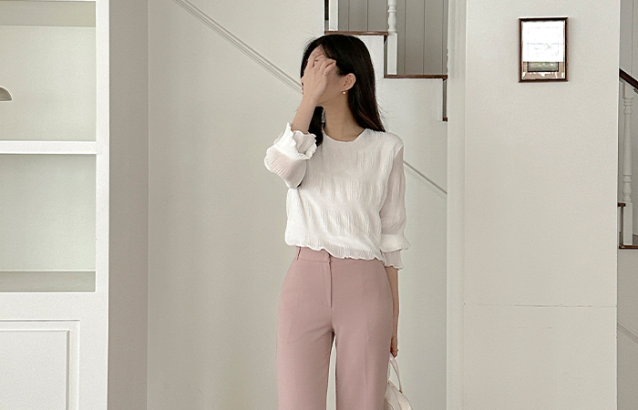 ラウンドネック リンクル 二重 弾力 ブラウス