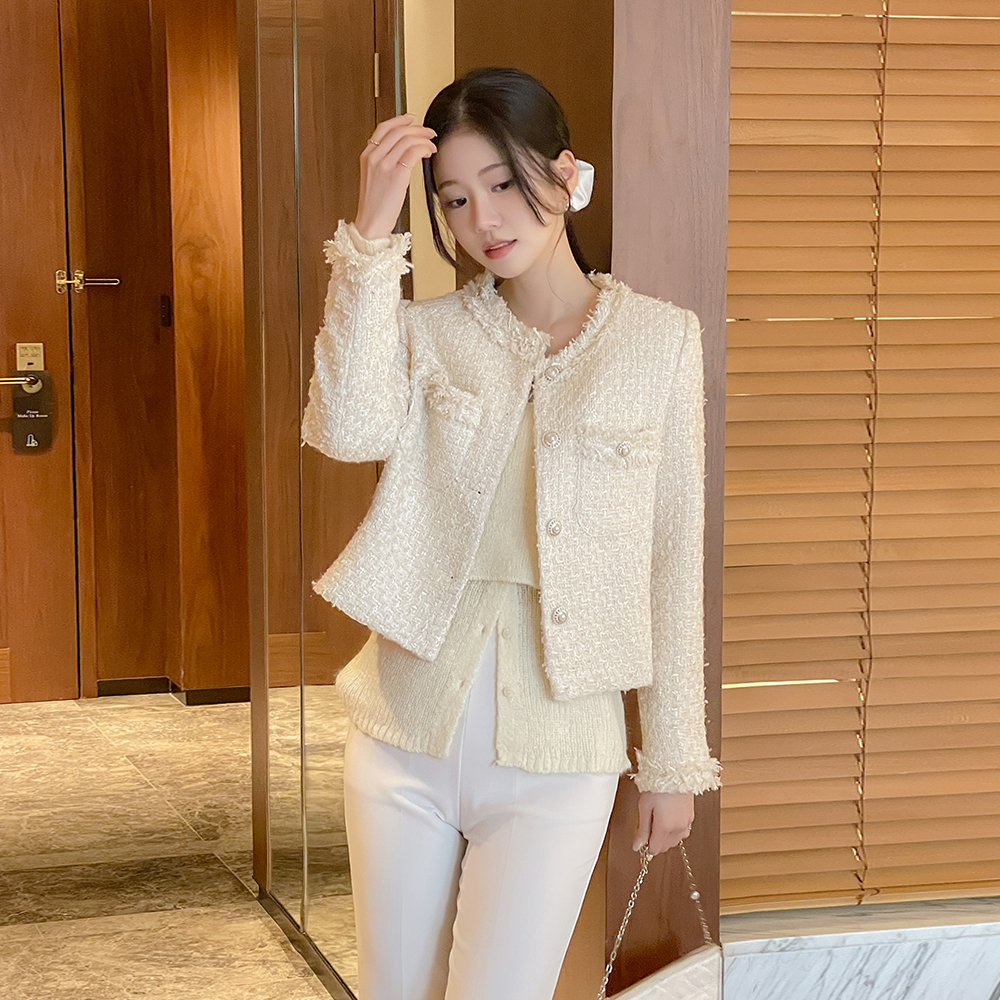 カラー ポイント 真珠 タッセル ツイード ジャケット