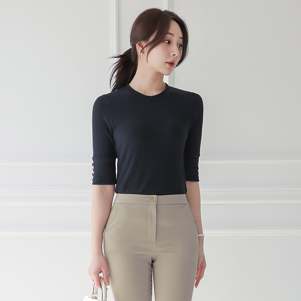 Gold ボタン ラウンド カッティング コール天 ニットティーシャツ