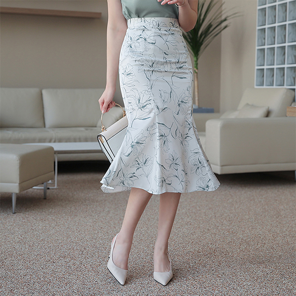 シルキー 花柄 ドローイング マーメイド スカート