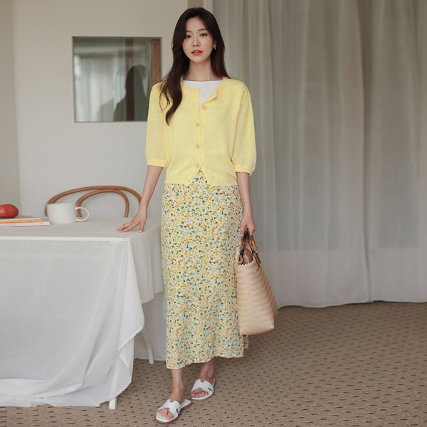 花柄 ペインティング 捺染 後面バンド ロングスカート