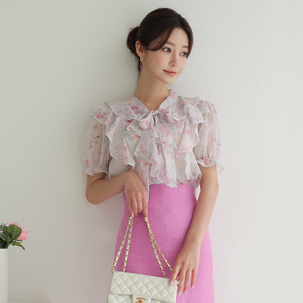 二重 ラッフルライン ローズ タイネック ブラウス