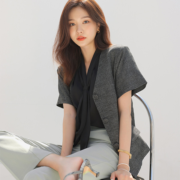 公式 ライン リネン ノーカラー ボタン ジャケット