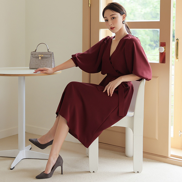 バルーン袖 ラップスタイル フレア ワンピース Ⅱ