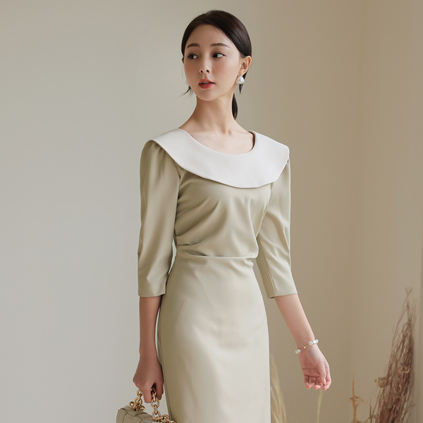 ワイド シングル カラー 配色 シャーリング ワンピース