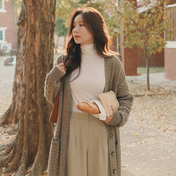 秋 ムード クァベギ 織った マーブルボタン ルーズフィット ロング カーディガン