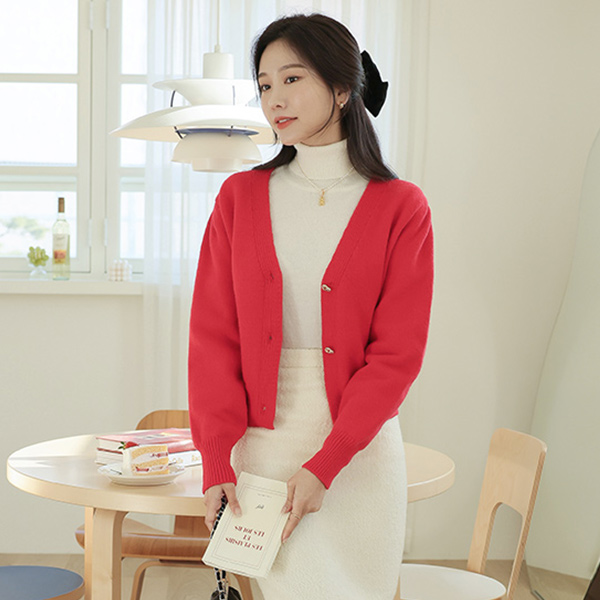 ラブリー ゴールドリング ハートボタン Volume puff ウール カーディガン