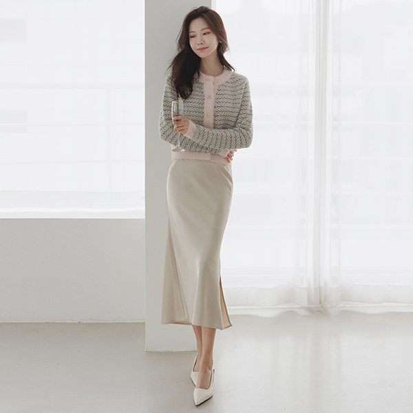 グロッシー サテン サイド ディープ スリット スカート