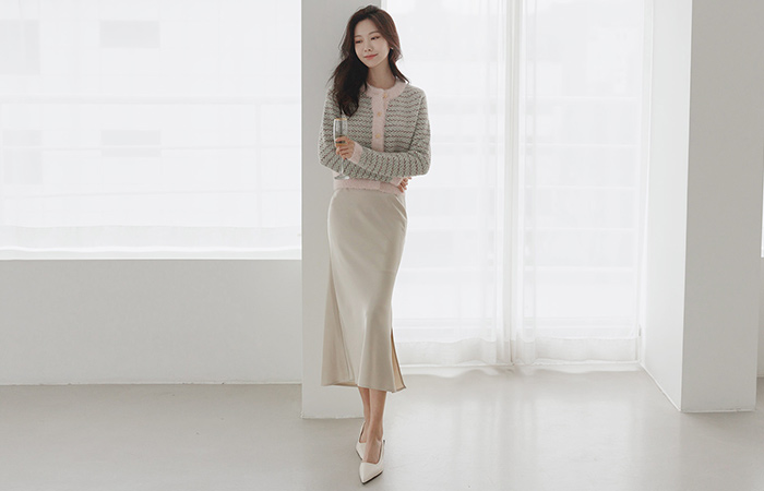 グロッシー サテン サイド ディープ スリット スカート