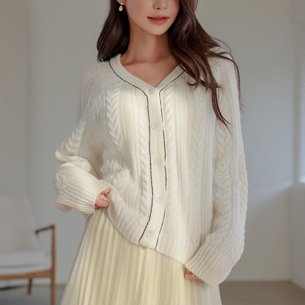 モヘア ウール 配色 裏地 ねじる ニット カーディガン