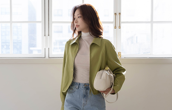 カラーネック ステッチ ポイント レザー ジャケット