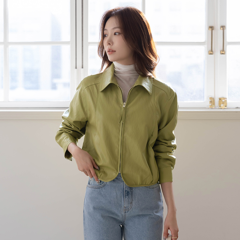 カラーネック ステッチ ポイント レザー ジャケット