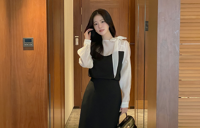 リボン·ネックライン レイヤード 配色 ブラウス