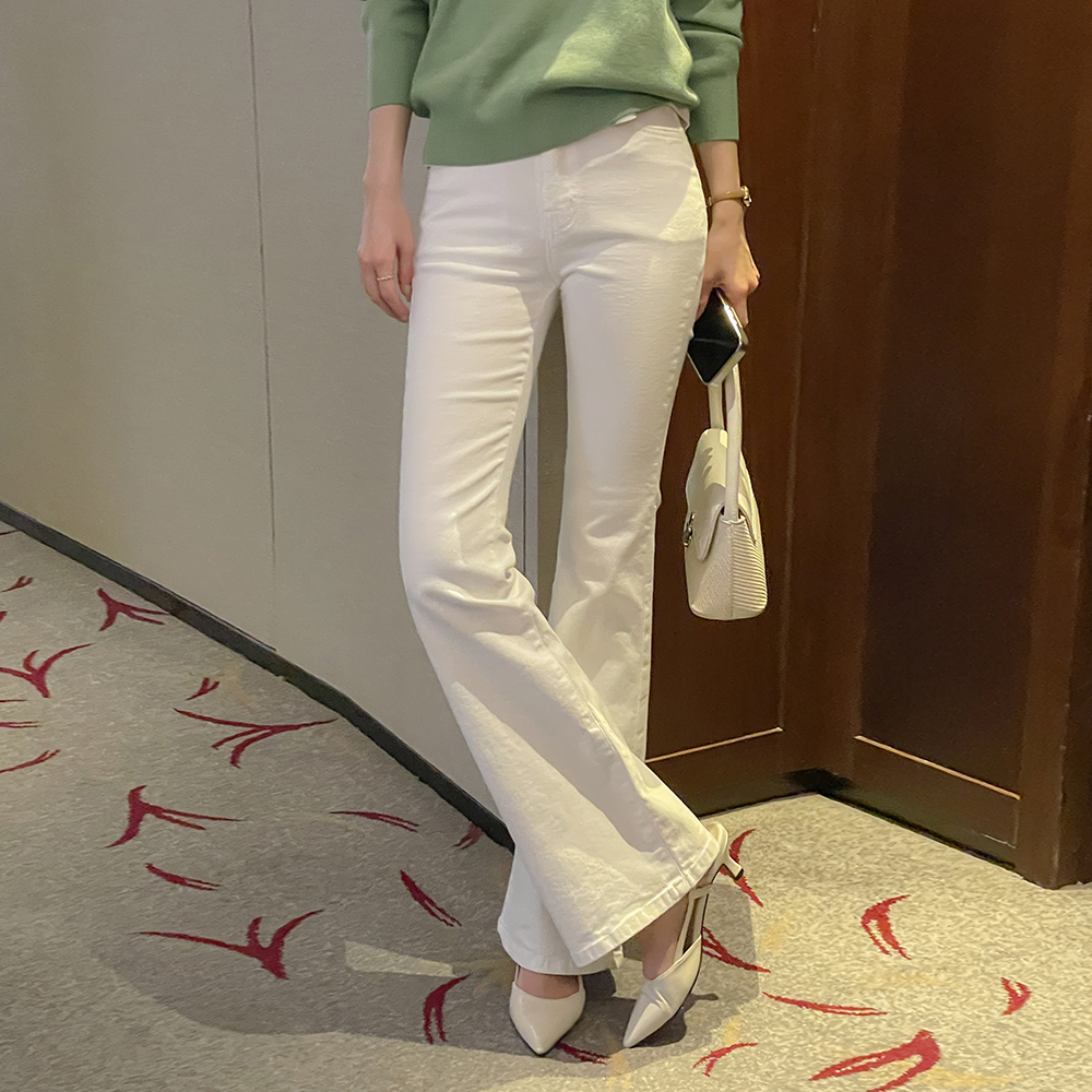 コットン スリムフィット 弾力 ブーツカット パンツ