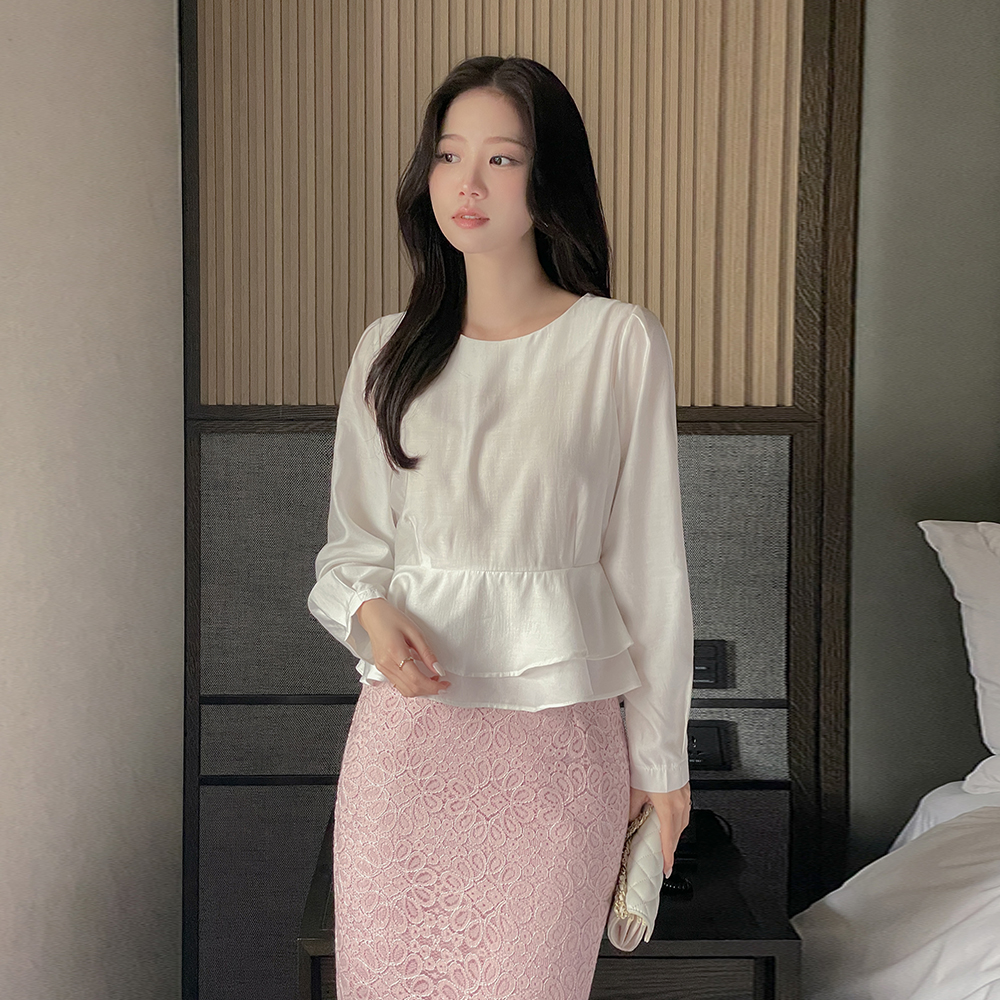 ラウンドネック ベルト 二重 ペプラム ブラウス