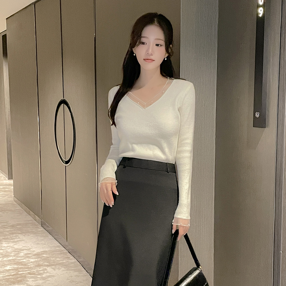 Vネック チュール 真珠 配色 ニット