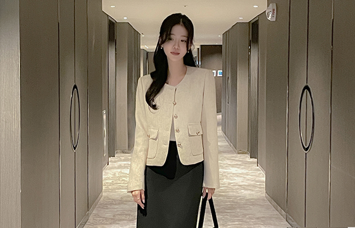 クラシック ラウンドネック ツイード ジャケット